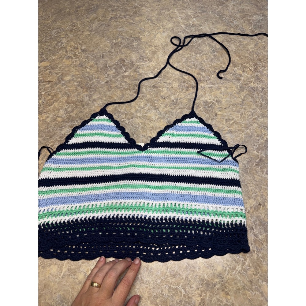 Aerie Crochet Halter Top Striped Navy Green White Boho Knit Crop Tank 078-1784 L